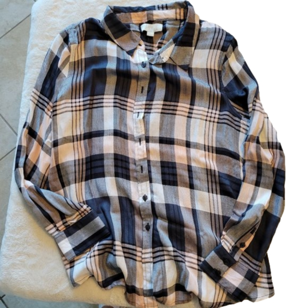Olive & Oak Plaid Button Down Blouse Shirt Top L